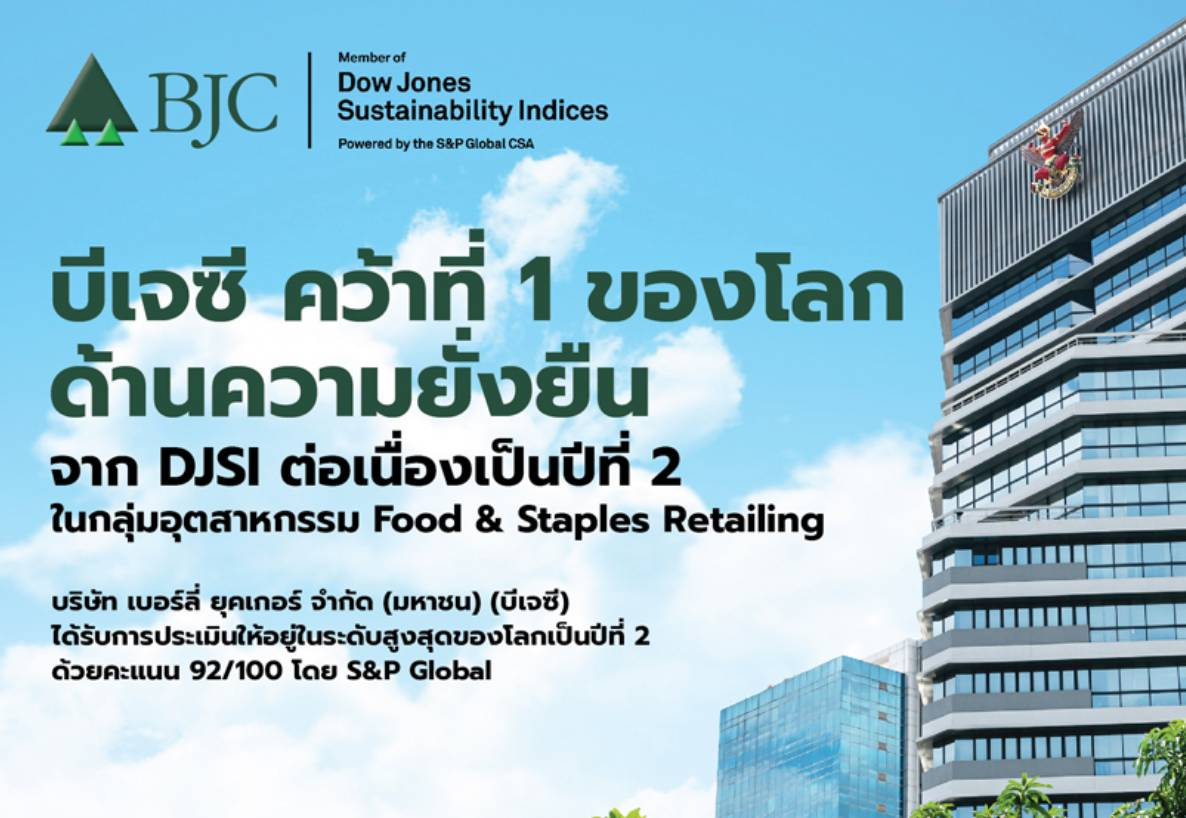 บีเจซี คว้าที่ 1 ด้านความยั่งยืนจาก DJSI ต่อเนื่องเป็นปีที่ 2 ในกลุ่มอุตสาหกรรม Food & Staples Retailing ด้วยคะแนนสูงสุดของโลก