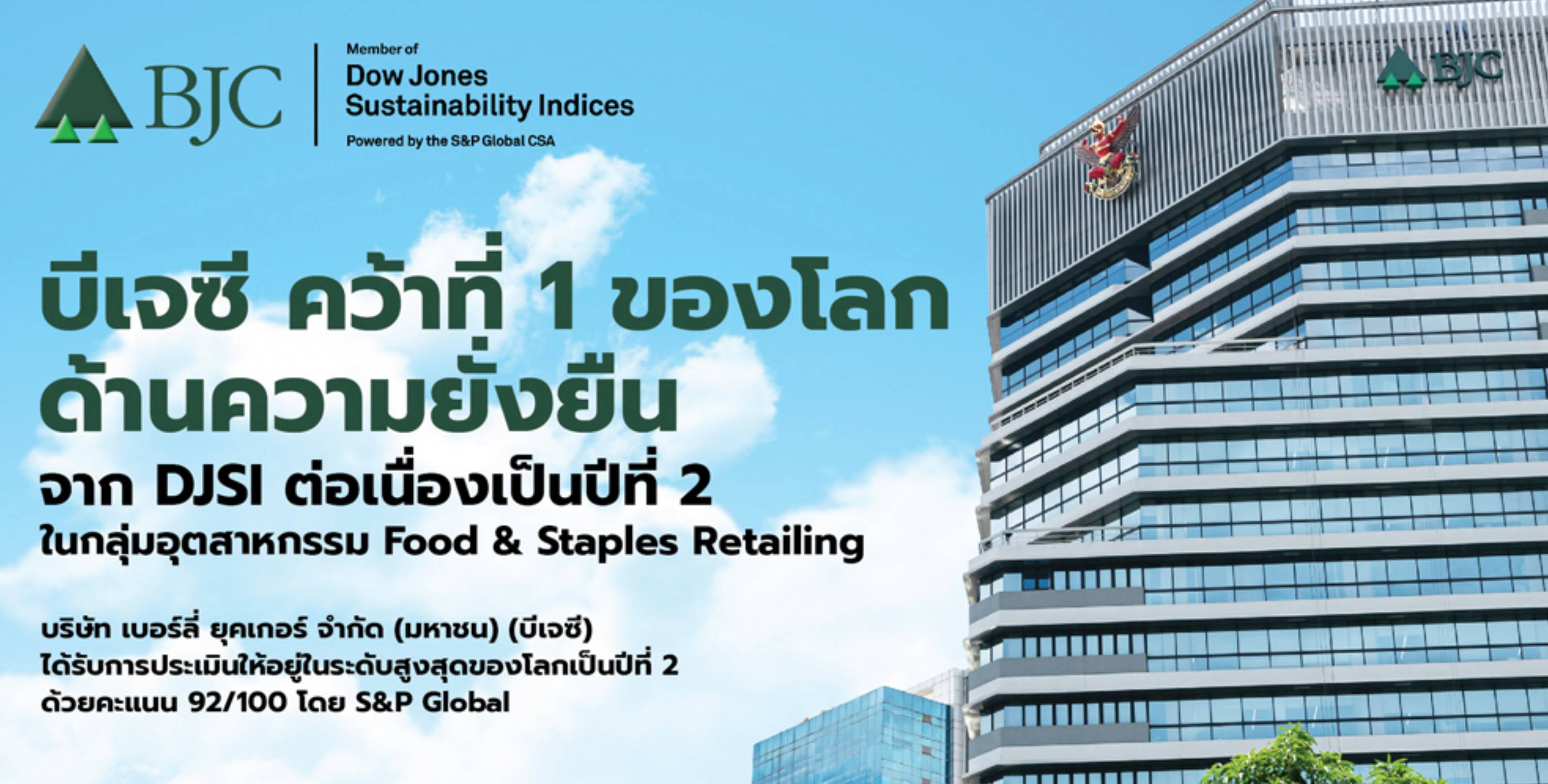บีเจซี คว้าที่ 1 ด้านความยั่งยืนจาก DJSI ต่อเนื่องเป็นปีที่ 2 ในกลุ่มอุตสาหกรรม Food & Staples Retailing ด้วยคะแนนสูงสุดของโลก